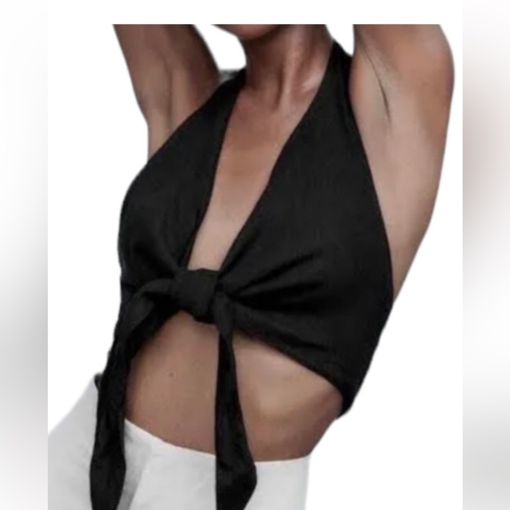 Zara Linen Tie Front Halter Top